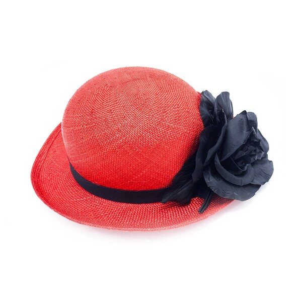 80s Designer Saks Fifth Ave Red & Black Straw Bowler Hat